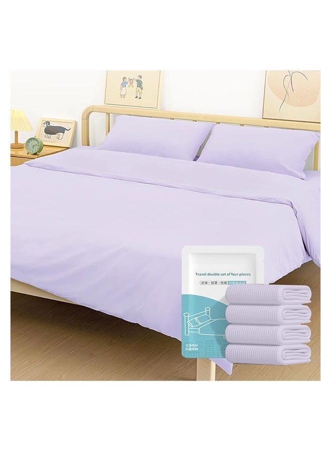 Disposable Bedding Set, for Travel  Emergency, Includes Bed Sheets, Quilt Cover, Pillow Case, and Bedspread, Thickened Material, Portable  Hygienic, Double Bed Size, Purple, 4-Piece Set